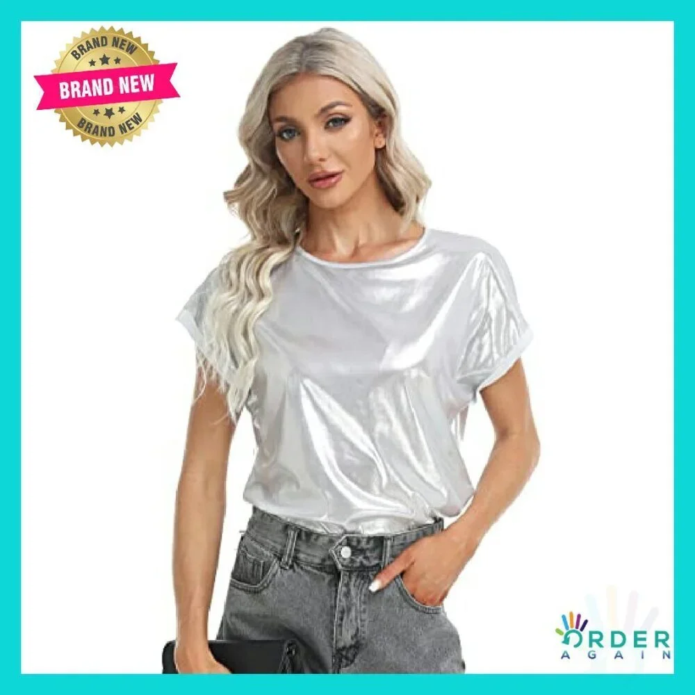 Metallic Holographic Glitter Tee Shiny Y2K Party Clubwear Short Sleeve Top